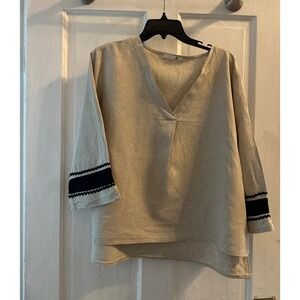 Italian Linen Blend V Neck 3/4 Sleeve Tunic Top Black Trim One Size
